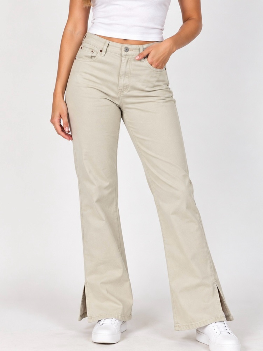 Old Navy Women’s Size 12 Beige Khaki Stretch Flare Pants Side Slit Hem